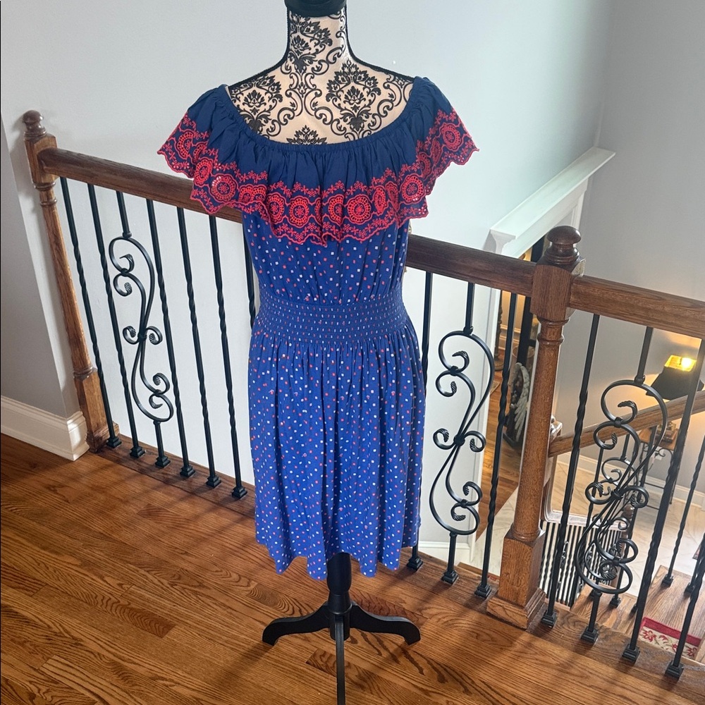 Lilly Pulitzer Blue and Pink Off-Shoulder Midi Dress